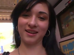 Dark brown Mandy Sky with round butt and smooth snatch and horny dude are so fucking horny in this cock sucking act